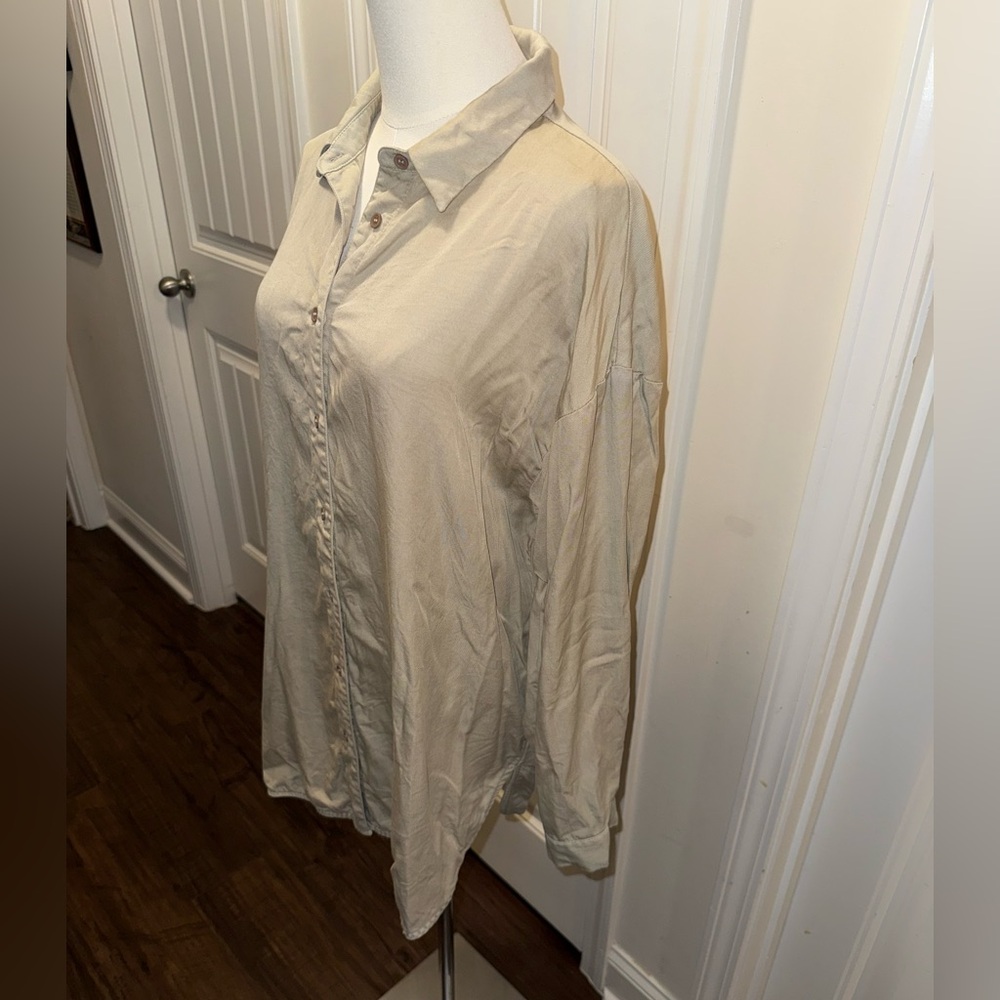 Fate Women's Tan Button-Down Tunic Blouse with Twist Back. - Picture 3 of 14